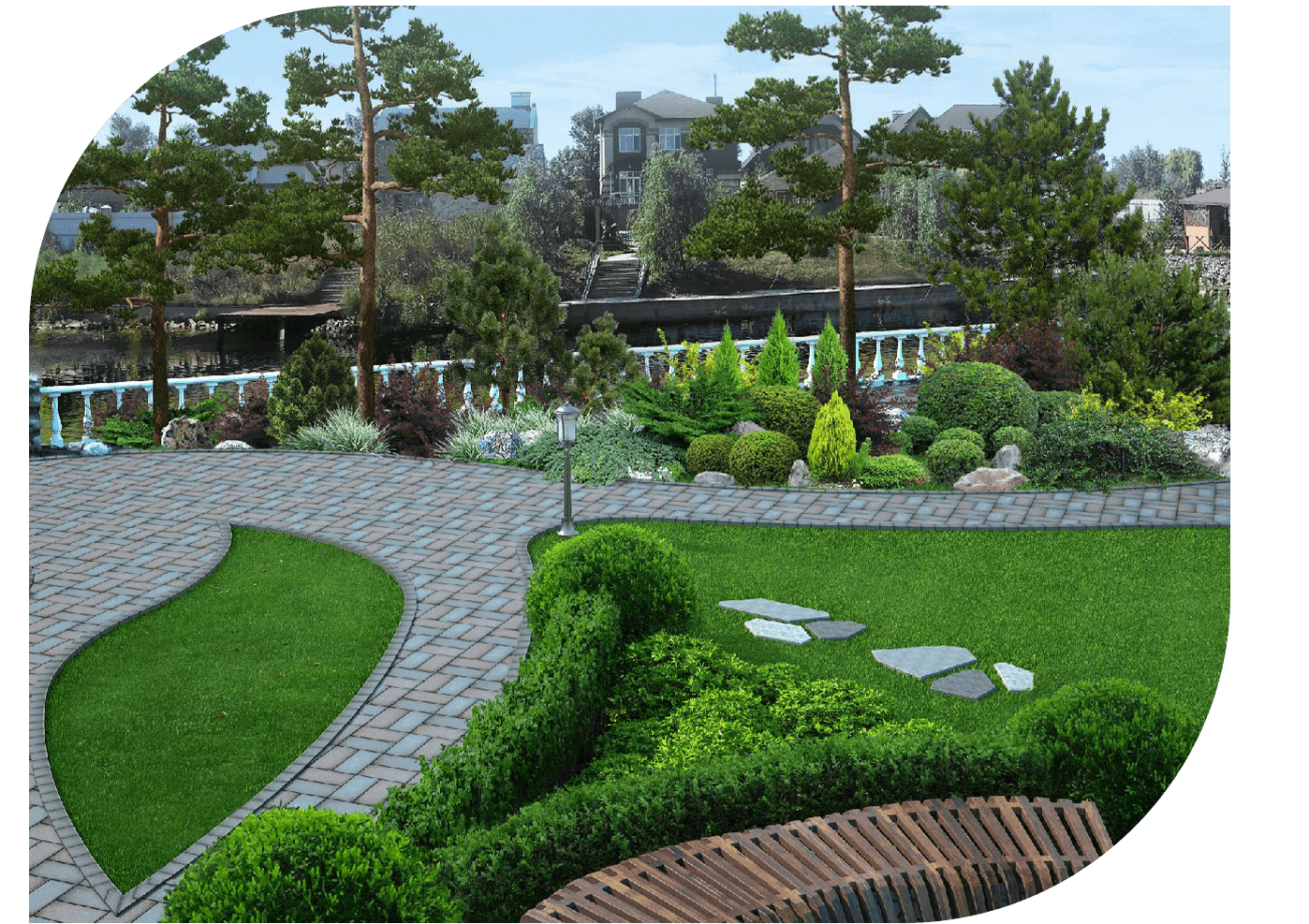 A landscaped garden with green shrubs, stone pathways, and wooden benches.